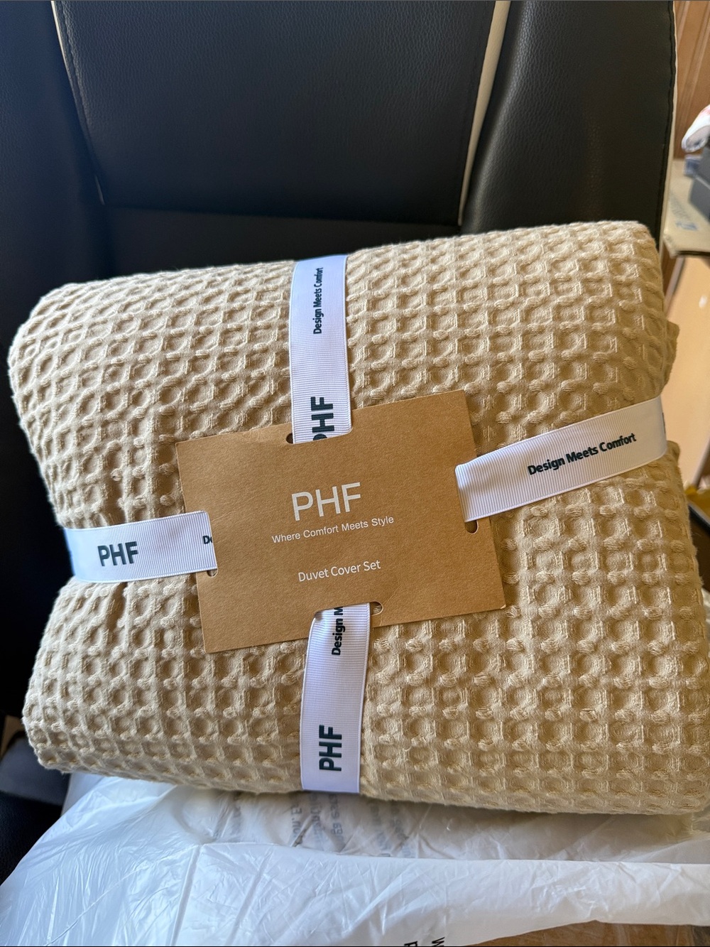 PHF Waffle Queens Size Duvet Cover Set in Light Khaki